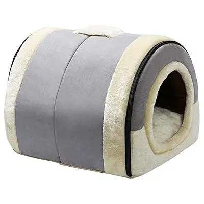 Hollypet Suede Self-Warming 2 in 1 Foldable Cave House Shape Nest Pet Sleeping Bed for Cats and Small Dogs, Baby Gray