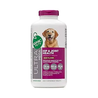 GNC Pets Ultra Mega Hip & Joint Health Chewable Tablets Dog Supplement for Senior Dogs, 240 Count - Beef Flavor | Advanced Support for Joint Cushioning & Mobility