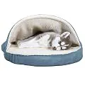 Furhaven Pet Dog Bed | Orthopedic Round Cuddle Nest Faux Sheepskin Snuggery Blanket Burrow Pet Bed w/ Removable Cover for Dogs & Cats, Blue, 26-Inch