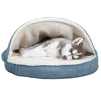 Furhaven Pet Dog Bed | Orthopedic Round Cuddle Nest Faux Sheepskin Snuggery Blanket Burrow Pet Bed w/ Removable Cover for Dogs & Cats, Blue, 26-Inch