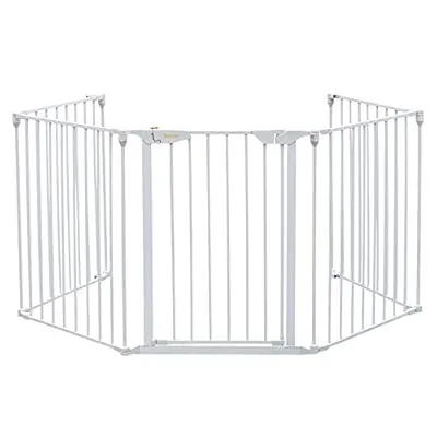 Bonnlo 121-Inch Wide Metal Baby Safety Fence/Play Yard Adjustable Fireplace Hearth BBQ Fire Gate Christmas Tree Gate 5-Panel Playpen for Toddler/Pet/Puppy/Cat/Dog, 25.39"W x 29.3" H Each Panel, White