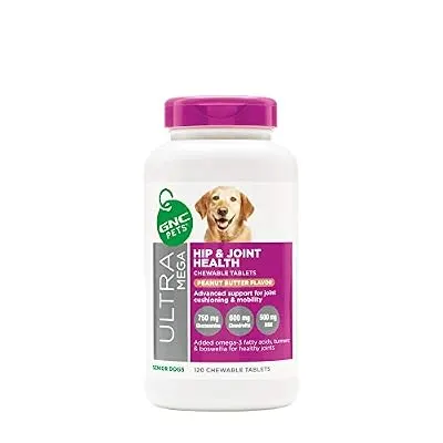 GNC Pets Ultra Mega Hip & Joint Health Chewable Tablets Dog Supplement for Senior Dogs, 120 Count - Peanut Butter Flavor | Advanced Support for Joint Cushioning & Mobility