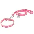Dogs Kingdom 10"-16.5" Total Length Suede Skin Jeweled Rhinestones Pet Dog Collar Leash Set Sparkly Crystal Diamonds Studded Leather Puppy Dog Cat Collar Leash Set Pink S