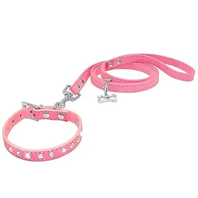 Dogs Kingdom 10"-16.5" Total Length Suede Skin Jeweled Rhinestones Pet Dog Collar Leash Set Sparkly Crystal Diamonds Studded Leather Puppy Dog Cat Collar Leash Set Pink S