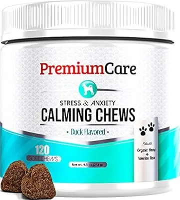 PREMIUM CARE Calming Treats for Dogs - Made in USA - Aids Stress, Anxiety, Storms, Barking, Separation and More - Organic Kelp + Valerian Root Soft Chews - 120 Count Dog Calming Treats