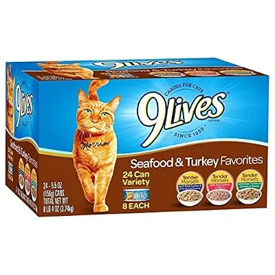 9 Lives Seafood & Turkey Favorites Wet Cat Food Variety (24 Pack), 5.5 oz