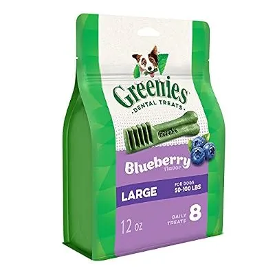 GREENIES Large Natural Dog Dental Care Chews Oral Health Dog Treats Blueberry Flavor, 12 oz. Pack (8 Treats)