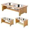FOREYY Raised Pet Bowls for Cats and Small Dogs, Bamboo Elevated Dog Cat Food and Water Bowls Stand Feeder with 2 Stainless Steel Bowls and Anti Slip Feet (4'' Tall, Large Bowl)