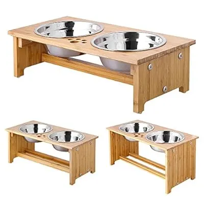 FOREYY Raised Pet Bowls for Cats and Small Dogs, Bamboo Elevated Dog Cat Food and Water Bowls Stand Feeder with 2 Stainless Steel Bowls and Anti Slip Feet (4'' Tall, Large Bowl)