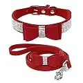 Beirui Rhinestone Bling Leather Dog & Cat Collar Leash - Red Soft Flocking Sparkly Crystal Diamonds Studded - Cute Double Bowknot - Perfect 4 Foot for Pet Show & Daily Walking Neck for 12.5-15"