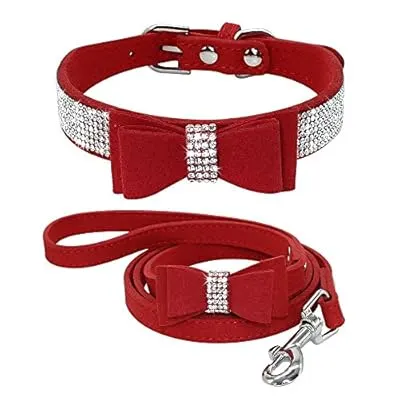 Beirui Rhinestone Bling Leather Dog & Cat Collar Leash - Red Soft Flocking Sparkly Crystal Diamonds Studded - Cute Double Bowknot - Perfect 4 Foot for Pet Show & Daily Walking Neck for 12.5-15"