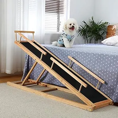 MDBT Dog Bed Ramp 2.0 for Small Dogs, Wood Pet Safety Ramps with PAWGRIP Anti-Slip Surface for High Beds, 59 in. Long Adjustable 37 in. Tall Supports Cats and Medium Dogs Up to 40 lbs