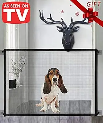 Queenii Magic Gate for Dogs, Pet Safety Gate, Portable Folding Mesh Magic Gate Baby Safety Gates, Safe Guard Install Anywhere, Safety Fence for Hall Doorway Wide Tall (Black)