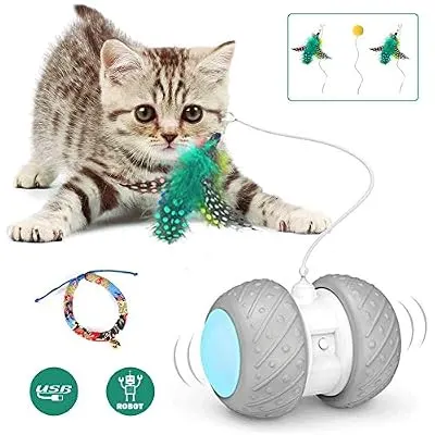 Interactive Robotic Cat Toys,Automatic Irregular USB Charging 360 Degree Self Rotating Ball,Automatic Feathers/Birds/Mouse Toys for Cats/Kitten,Build-in Spinning Led Light?Large Capacity Battery