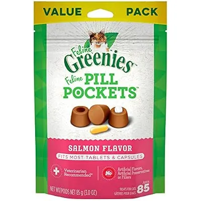 FELINE GREENIES PILL POCKETS Natural Cat Treats Salmon Flavor, 3 oz. Value Size Pack (85 Treats)