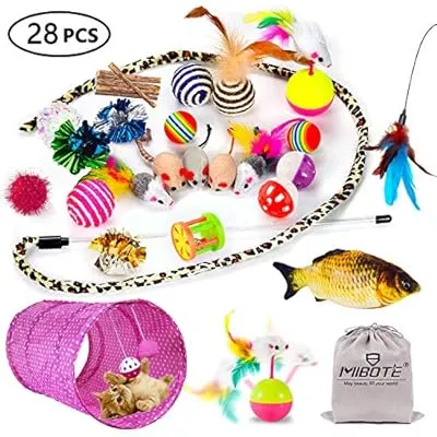 MIBOTE 28 Pcs Cat Toys Kitten Toys Assorted, Cat Tunnel Catnip Fish Feather Teaser Wand Fish Fluffy Mouse Mice Balls and Bells Toys for Cat Puppy Kitty with Storage Bag