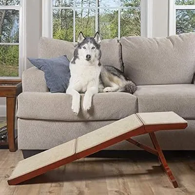 PetSafe CozyUp Sofa Ramp - Durable Wooden Pet Ramp Holds up to 100 lb - Great Couch Access for Dogs and Cats - Cherry Finish with Non-Slip Carpet Tread - Folds for Easy Storage
