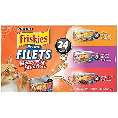 Purina Friskies Gravy Wet Cat Food Variety Pack, Prime Filets Meaty Favorites - (24) 5.5 oz. Cans