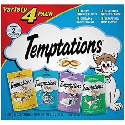TEMPTATIONS Classic Cat Treats Feline Favorites Variety Pack, (4) 3 oz. Pouches